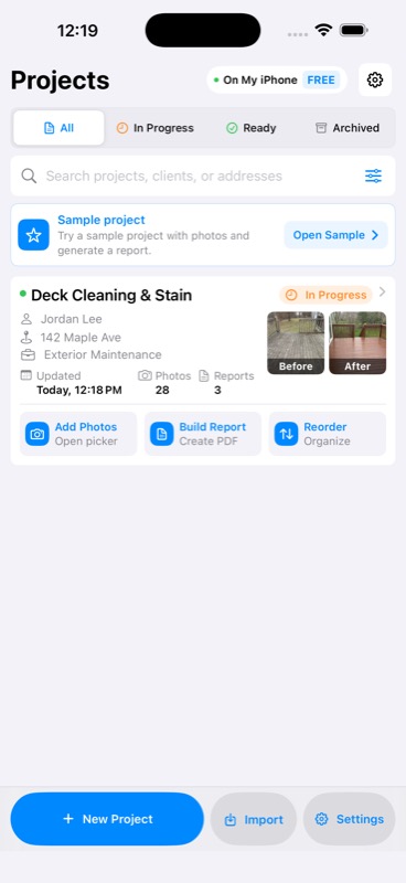 Polished Reports projects dashboard showing a deck cleaning and stain project