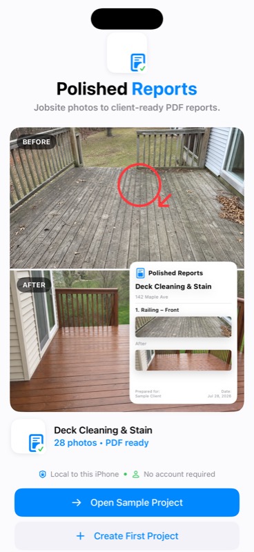 Polished Reports app showing a before and after deck project and PDF-ready summary