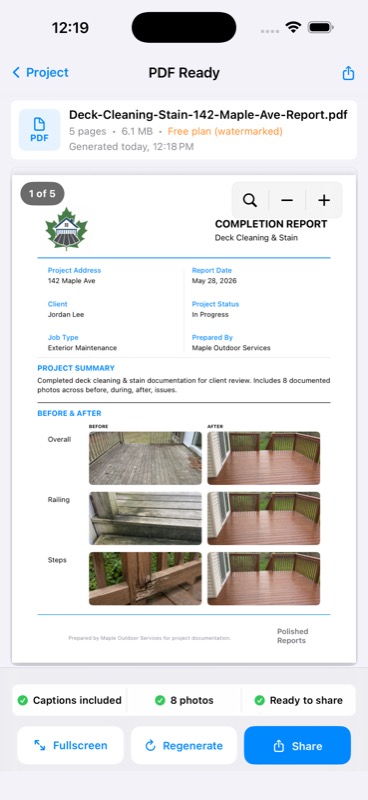 Polished Reports PDF preview showing a completed deck report